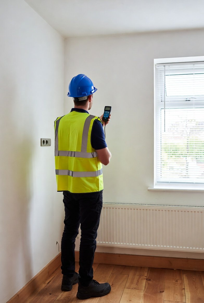 Professional damp surveyor inspecting wall moisture
